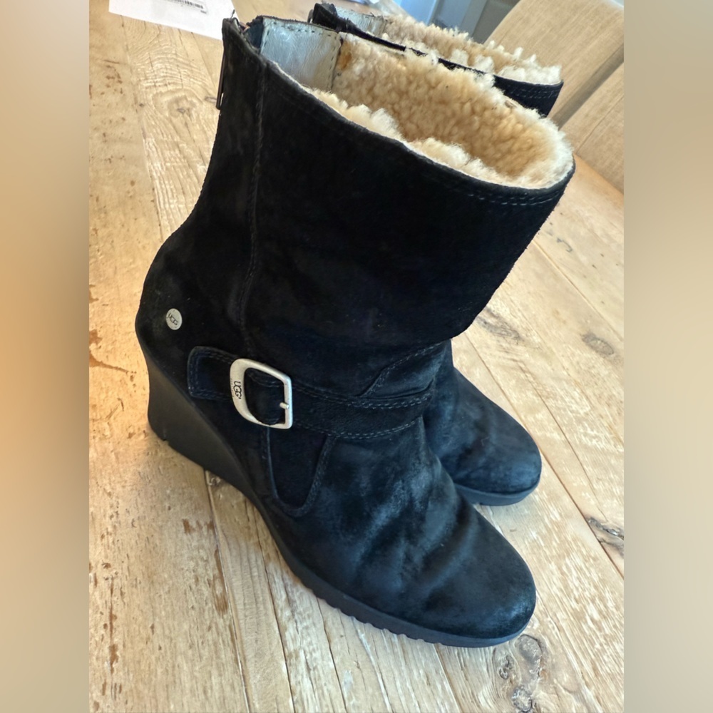 UGG Black Suede Shearling-Trim Mid-Calf Boots with Silver Buckle